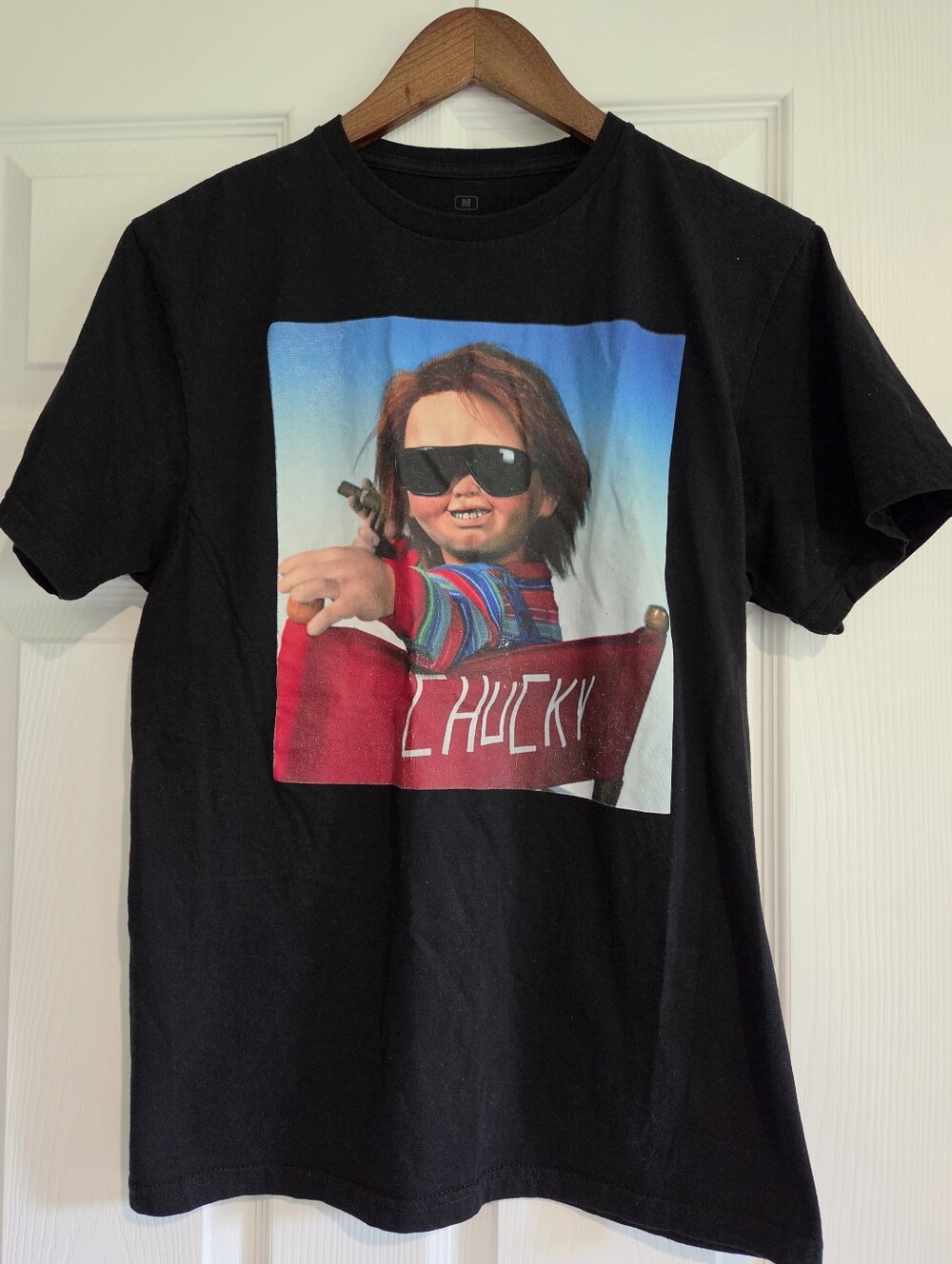 Chucky Director's Chair Slasher Horror Movie Graphic T-Shirt Black Men's Medium